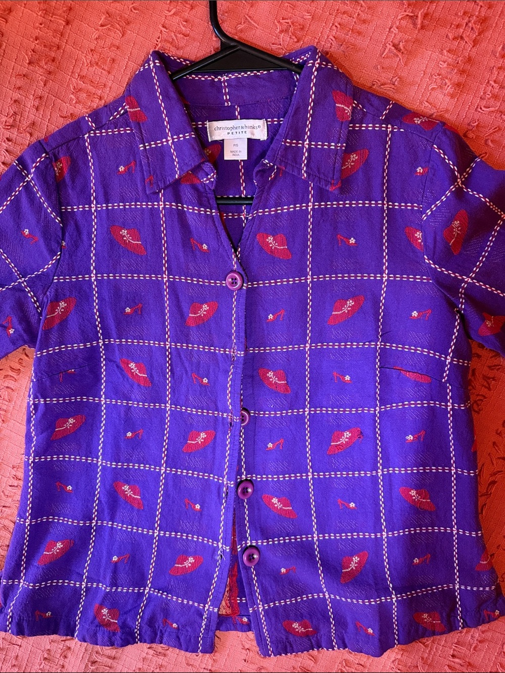 Christopher & Banks 100% Cotton Red Hats Purple Button-Up Jacket with Red Motif